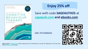 Promotional graphic for An Introduction to Cognitive Behavioural Therapy, Fourth Edition, including a 25% publisher discount code and QR code for further information.